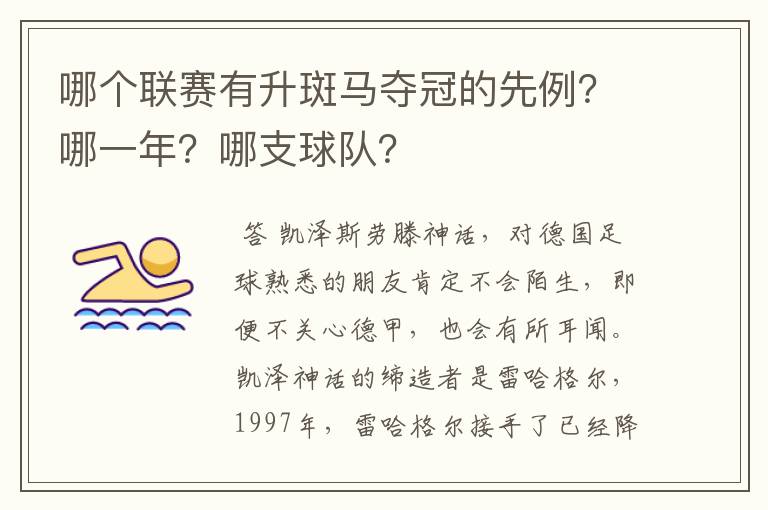 哪个联赛有升斑马夺冠的先例？哪一年？哪支球队？