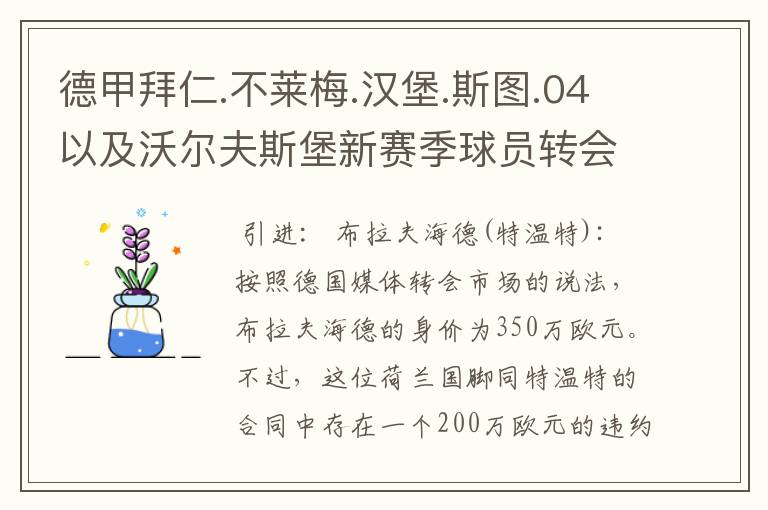 德甲拜仁.不莱梅.汉堡.斯图.04以及沃尔夫斯堡新赛季球员转会一览