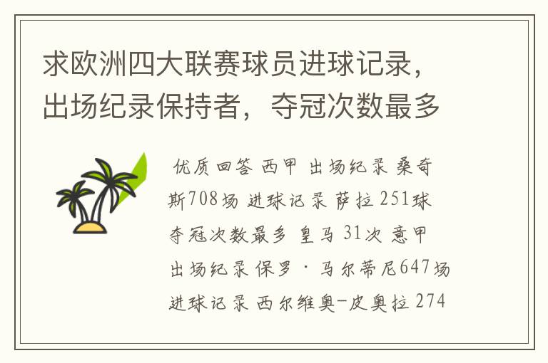 求欧洲四大联赛球员进球记录，出场纪录保持者，夺冠次数最多的球队。