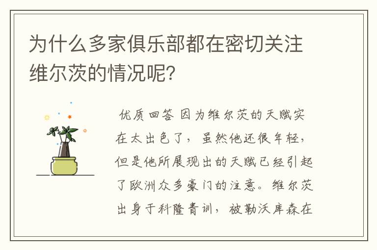 为什么多家俱乐部都在密切关注维尔茨的情况呢？