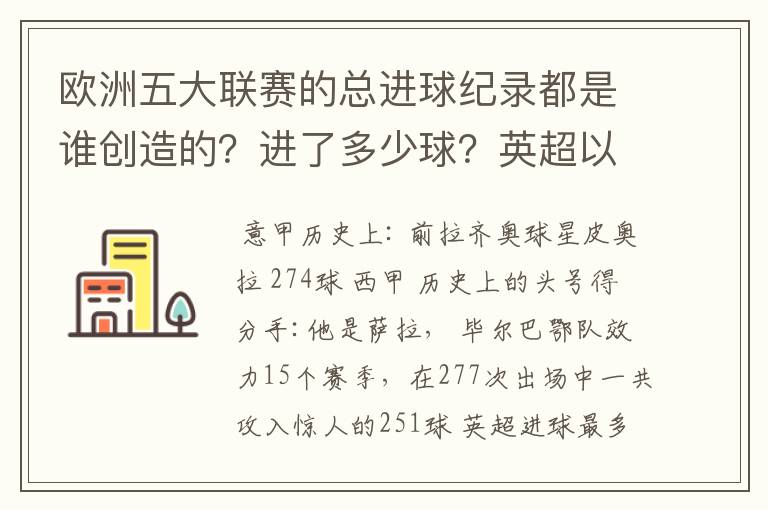 欧洲五大联赛的总进球纪录都是谁创造的？进了多少球？英超以前的英甲总进球纪录又是谁创造的？进了多少球