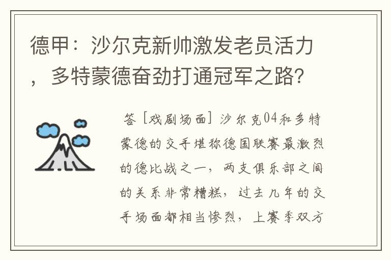 德甲：沙尔克新帅激发老员活力，多特蒙德奋劲打通冠军之路？