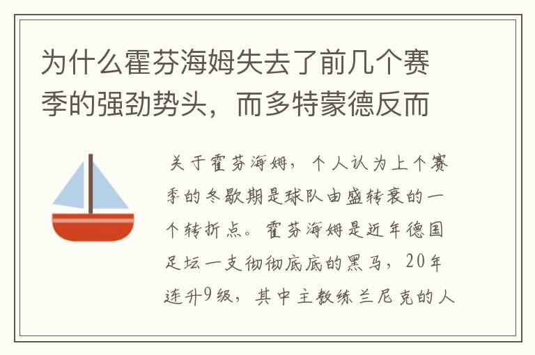 为什么霍芬海姆失去了前几个赛季的强劲势头，而多特蒙德反而成了一匹黑马，还夺得了冠军?