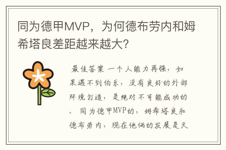 同为德甲MVP，为何德布劳内和姆希塔良差距越来越大？