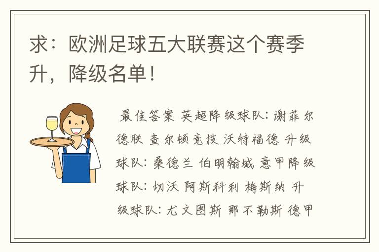 求：欧洲足球五大联赛这个赛季升，降级名单！