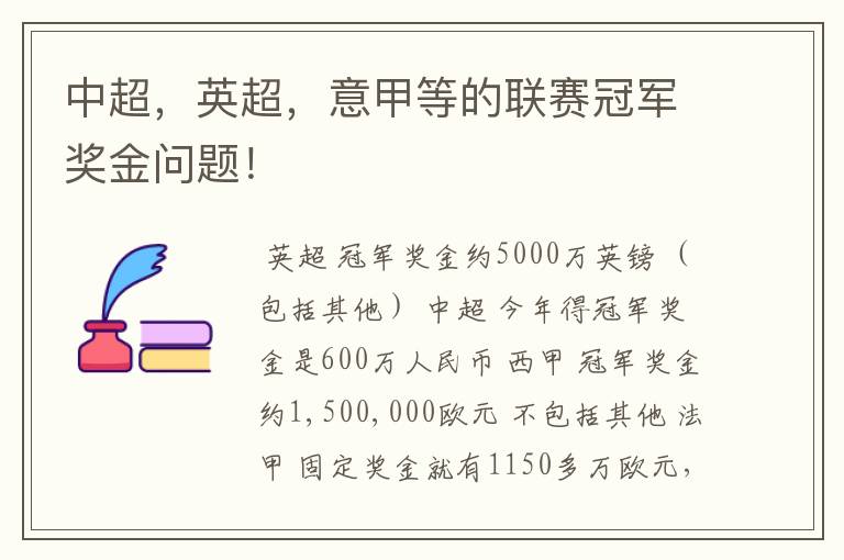 中超，英超，意甲等的联赛冠军奖金问题！