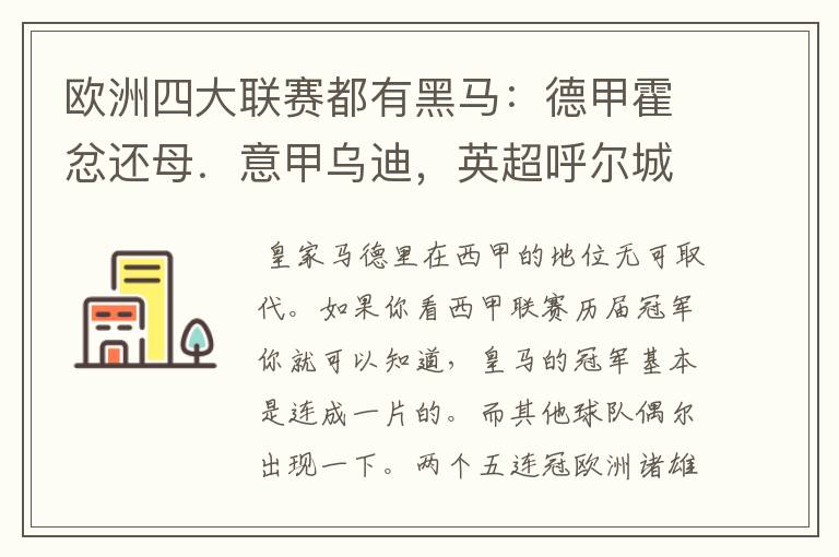 欧洲四大联赛都有黑马：德甲霍忿还母．意甲乌迪，英超呼尔城，西甲皇家马德里