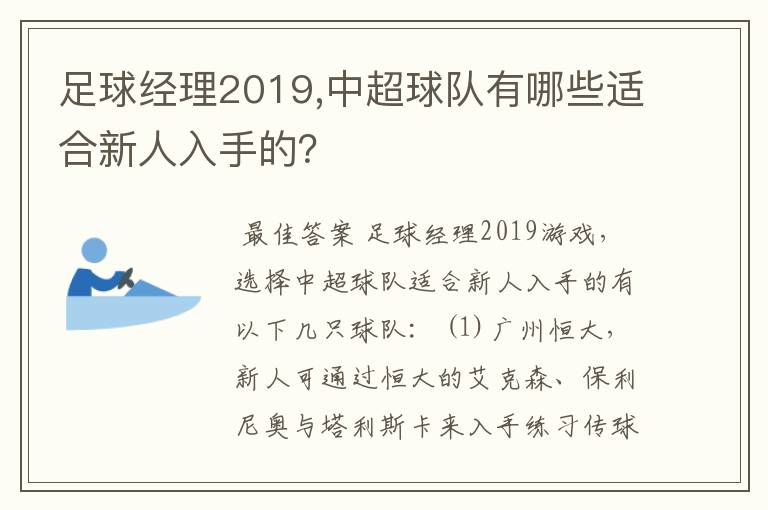 足球经理2019,中超球队有哪些适合新人入手的？