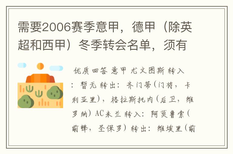 需要2006赛季意甲，德甲（除英超和西甲）冬季转会名单，须有转会方式