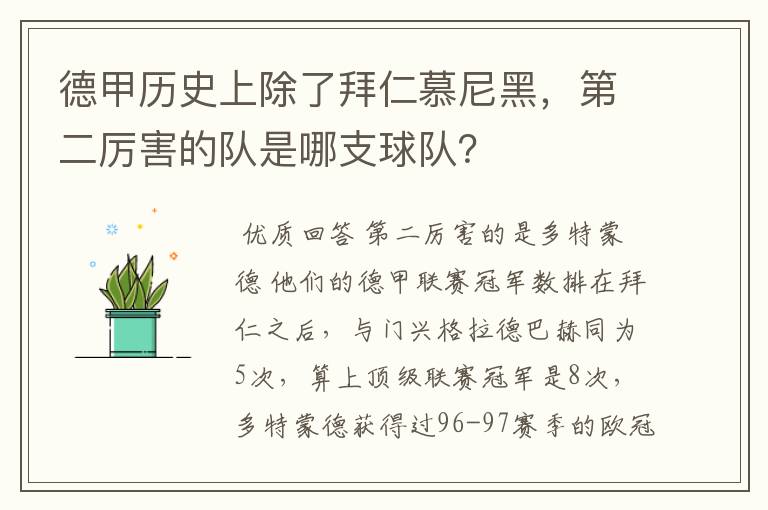 德甲历史上除了拜仁慕尼黑，第二厉害的队是哪支球队？