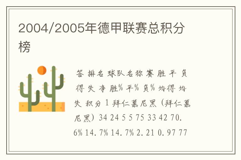 2004/2005年德甲联赛总积分榜