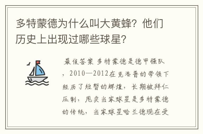 多特蒙德为什么叫大黄蜂？他们历史上出现过哪些球星？