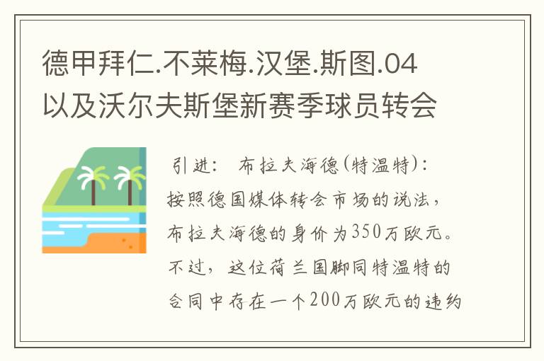 德甲拜仁.不莱梅.汉堡.斯图.04以及沃尔夫斯堡新赛季球员转会一览