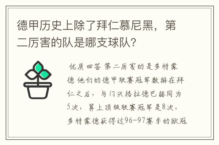 德甲历史上除了拜仁慕尼黑，第二厉害的队是哪支球队？