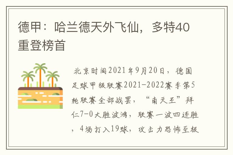 德甲：哈兰德天外飞仙，多特40重登榜首