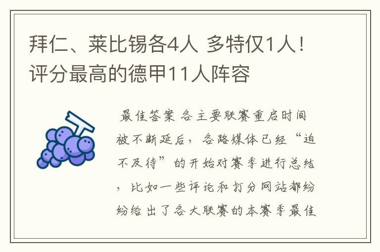 拜仁、莱比锡各4人 多特仅1人！评分最高的德甲11人阵容