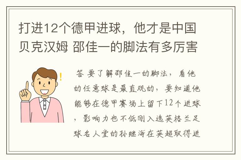 打进12个德甲进球，他才是中国贝克汉姆 邵佳一的脚法有多厉害