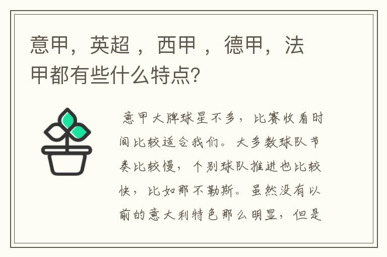 意甲，英超 ，西甲 ，德甲，法甲都有些什么特点？