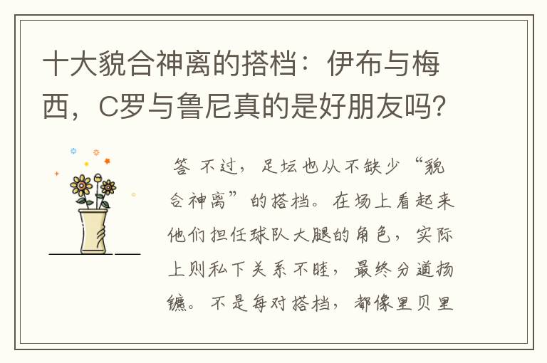 十大貌合神离的搭档：伊布与梅西，C罗与鲁尼真的是好朋友吗？