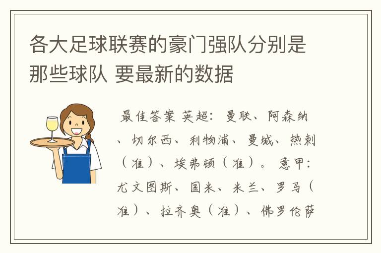 各大足球联赛的豪门强队分别是那些球队 要最新的数据