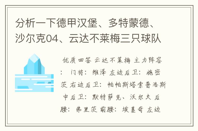 分析一下德甲汉堡、多特蒙德、沙尔克04、云达不莱梅三只球队的人员打法和阵型