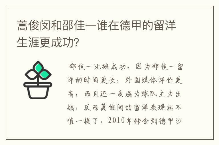 蒿俊闵和邵佳一谁在德甲的留洋生涯更成功？