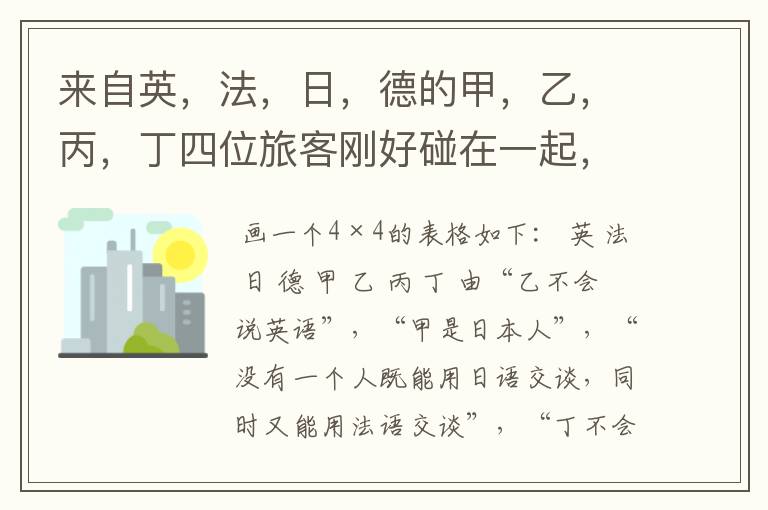 来自英，法，日，德的甲，乙，丙，丁四位旅客刚好碰在一起，他们除了懂中国语言外，每人还会说其它三国语