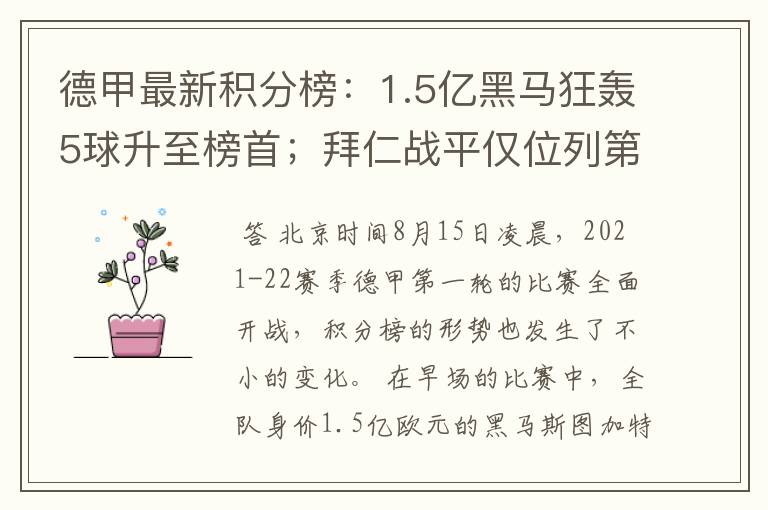 德甲最新积分榜：1.5亿黑马狂轰5球升至榜首；拜仁战平仅位列第7