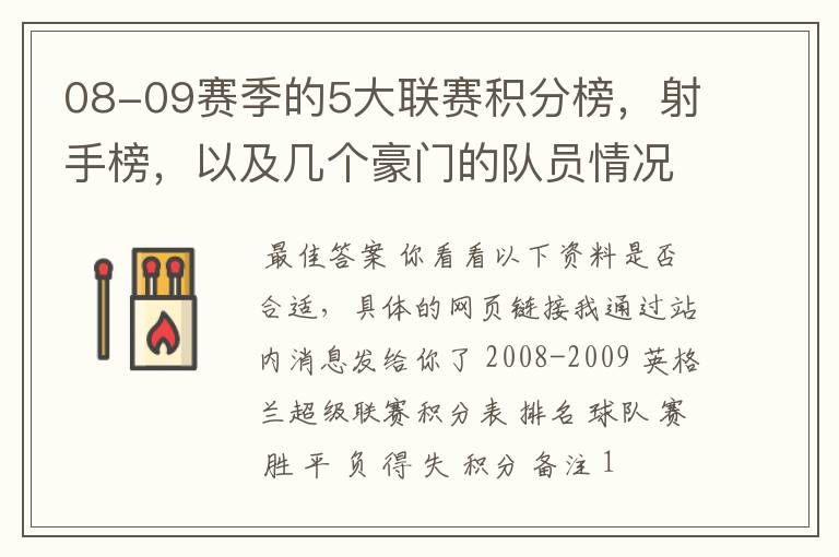 08-09赛季的5大联赛积分榜，射手榜，以及几个豪门的队员情况表，最好要有excel表格，不是也行