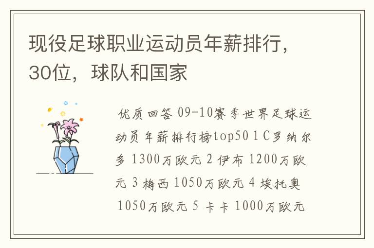 现役足球职业运动员年薪排行，30位，球队和国家