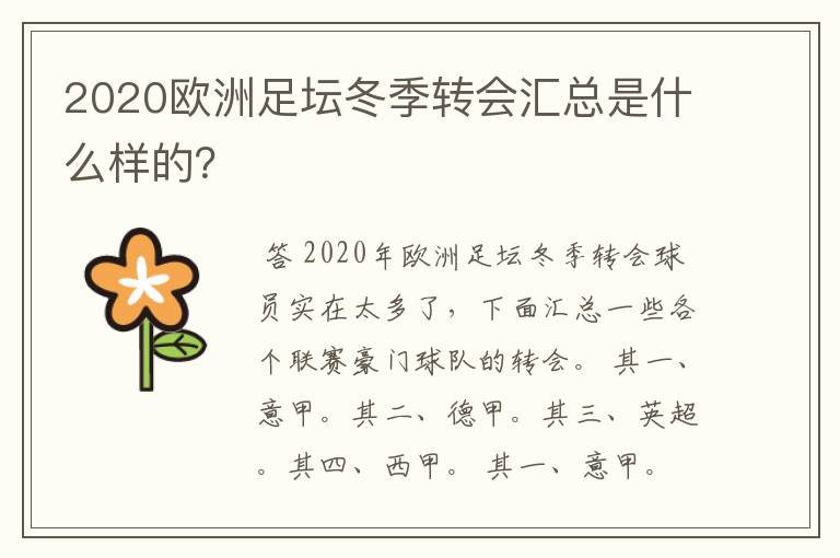 2020欧洲足坛冬季转会汇总是什么样的？