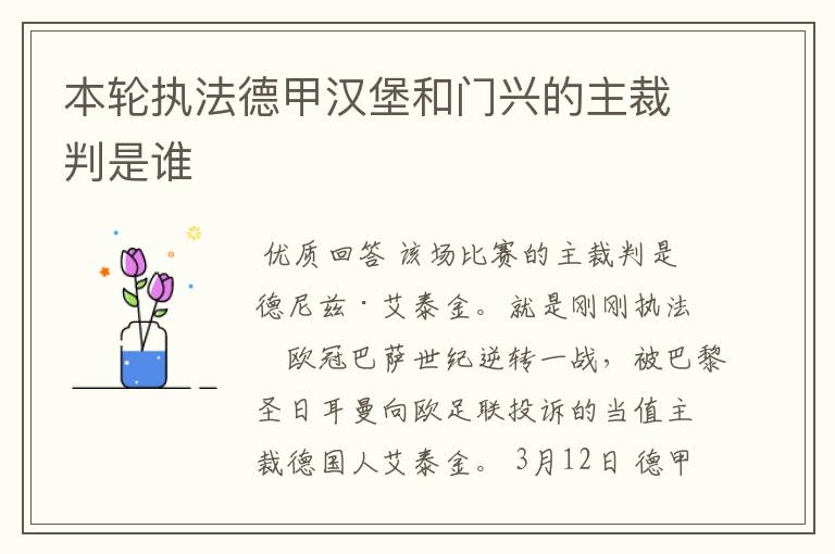 本轮执法德甲汉堡和门兴的主裁判是谁