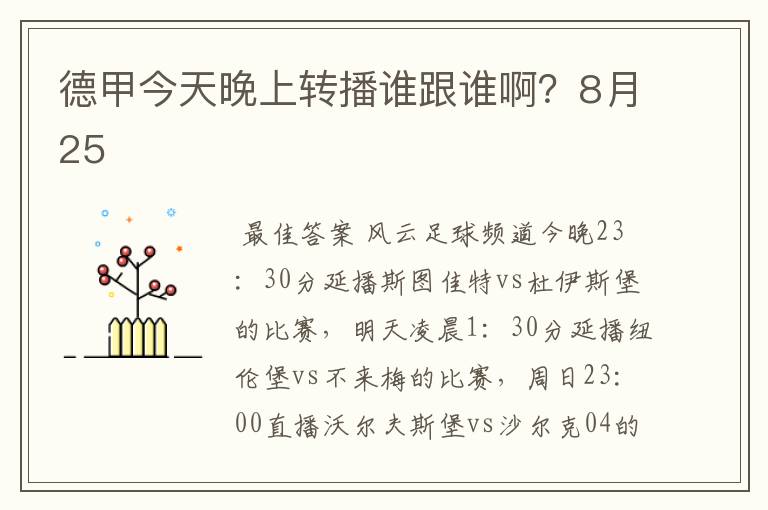 德甲今天晚上转播谁跟谁啊？8月25