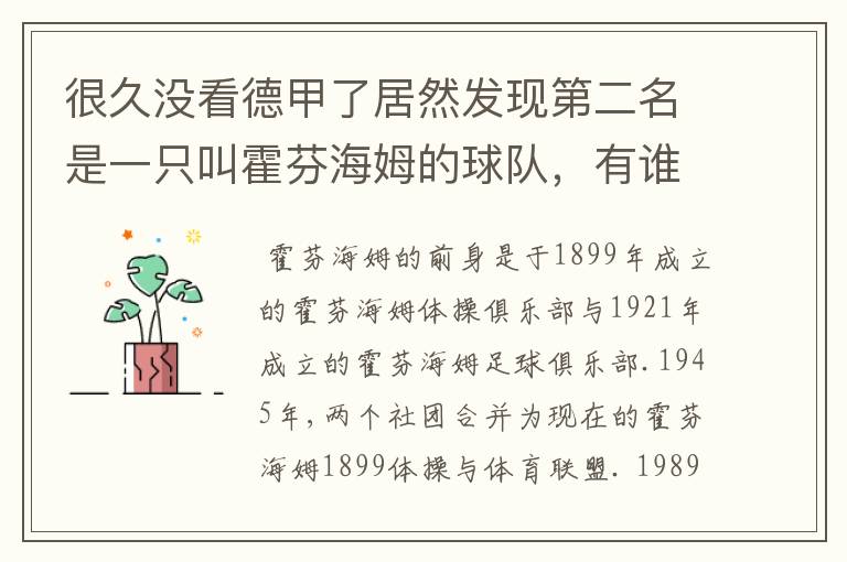 很久没看德甲了居然发现第二名是一只叫霍芬海姆的球队，有谁知道吗