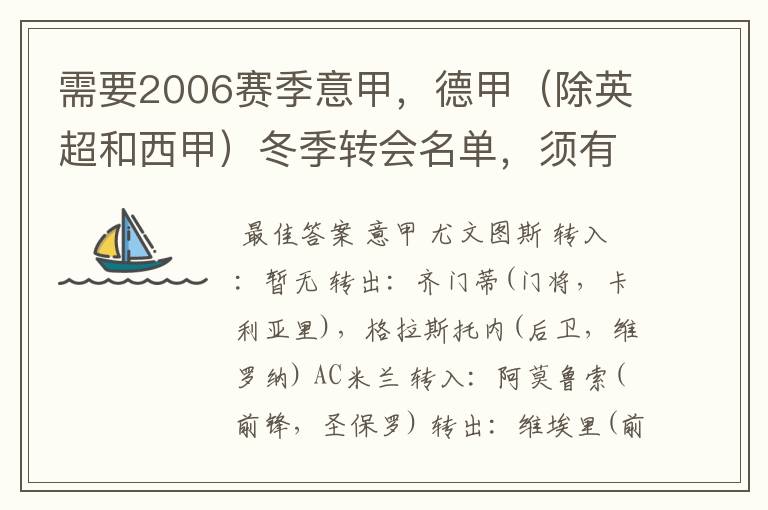 需要2006赛季意甲，德甲（除英超和西甲）冬季转会名单，须有转会方式