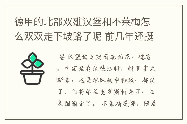 德甲的北部双雄汉堡和不莱梅怎么双双走下坡路了呢 前几年还挺强的