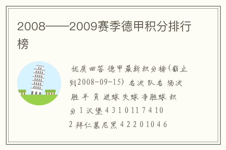 2008——2009赛季德甲积分排行榜