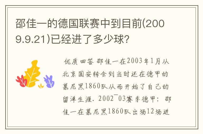 邵佳一的德国联赛中到目前(2009.9.21)已经进了多少球？