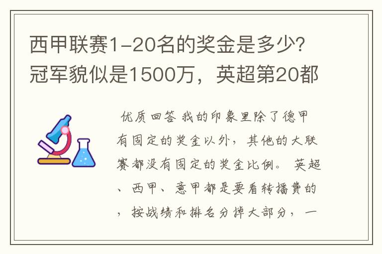 西甲联赛1-20名的奖金是多少？冠军貌似是1500万，英超第20都是4000万呀！