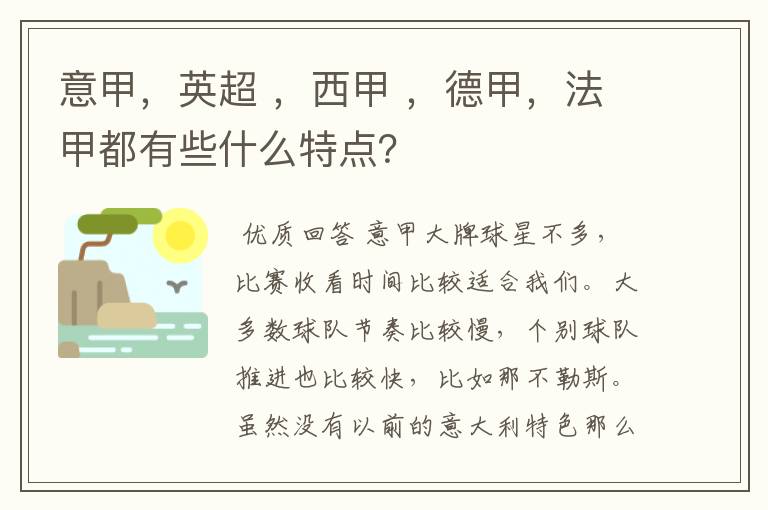 意甲，英超 ，西甲 ，德甲，法甲都有些什么特点？