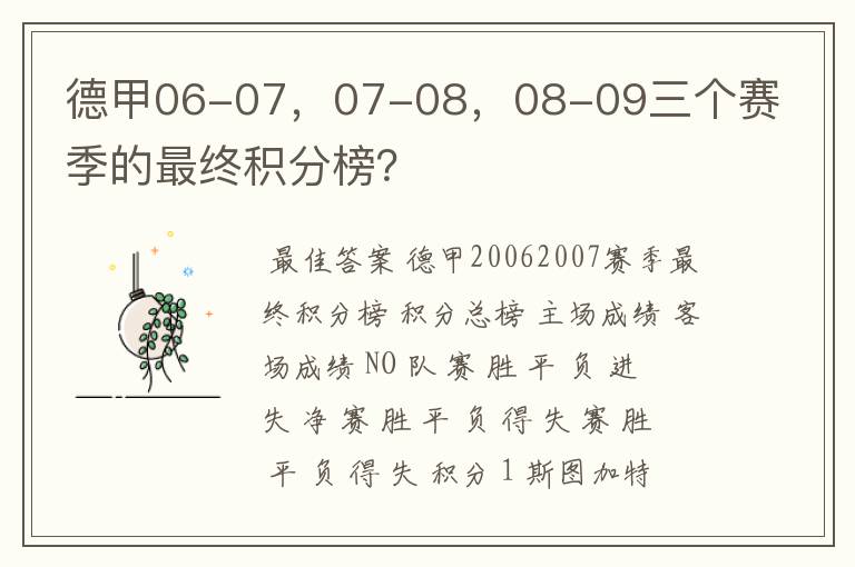 德甲06-07，07-08，08-09三个赛季的最终积分榜？