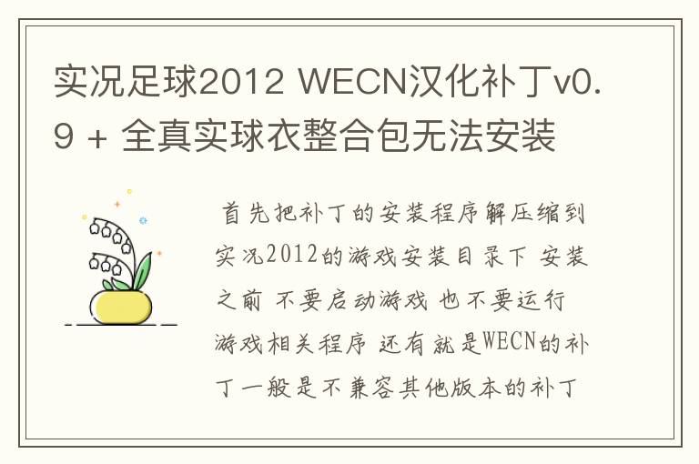 实况足球2012 WECN汉化补丁v0.9 + 全真实球衣整合包无法安装是怎么回事？