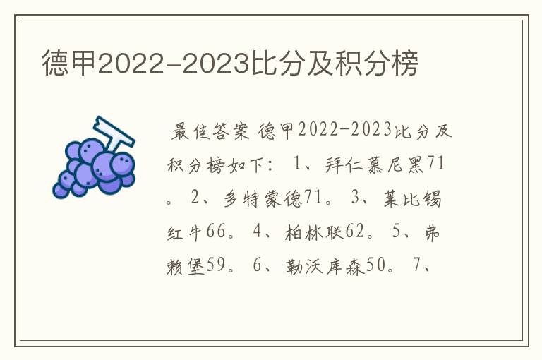 德甲2022-2023比分及积分榜