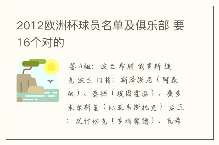 2012欧洲杯球员名单及俱乐部 要16个对的