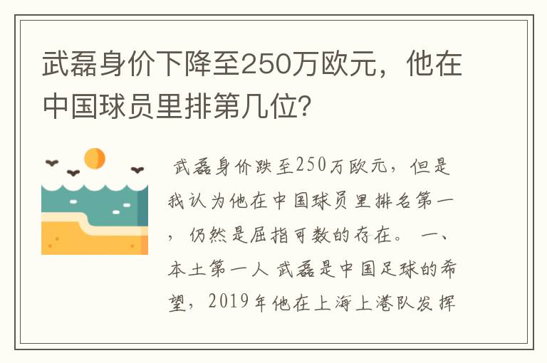 武磊身价下降至250万欧元，他在中国球员里排第几位？