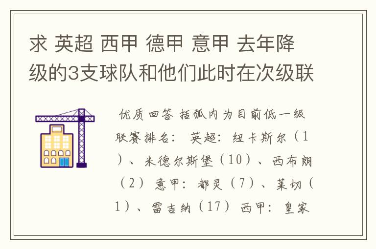 求 英超 西甲 德甲 意甲 去年降级的3支球队和他们此时在次级联赛的排名