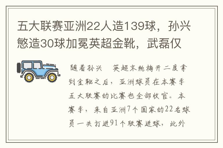 五大联赛亚洲22人造139球，孙兴慜造30球加冕英超金靴，武磊仅1球