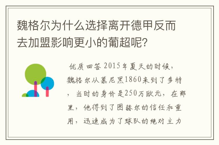 魏格尔为什么选择离开德甲反而去加盟影响更小的葡超呢？