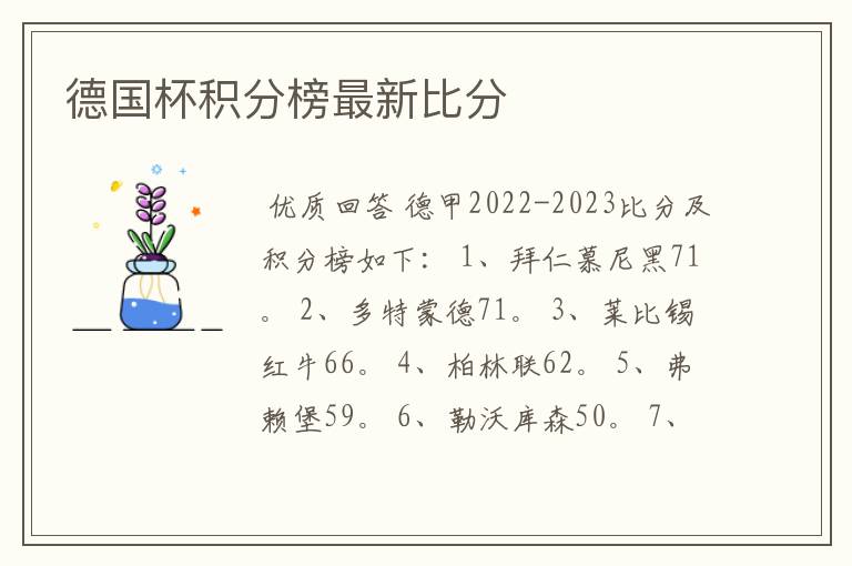 德国杯积分榜最新比分