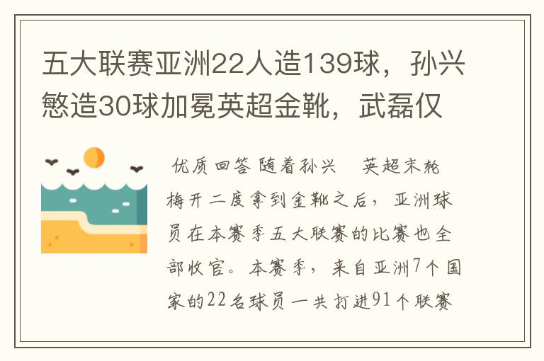 五大联赛亚洲22人造139球，孙兴慜造30球加冕英超金靴，武磊仅1球